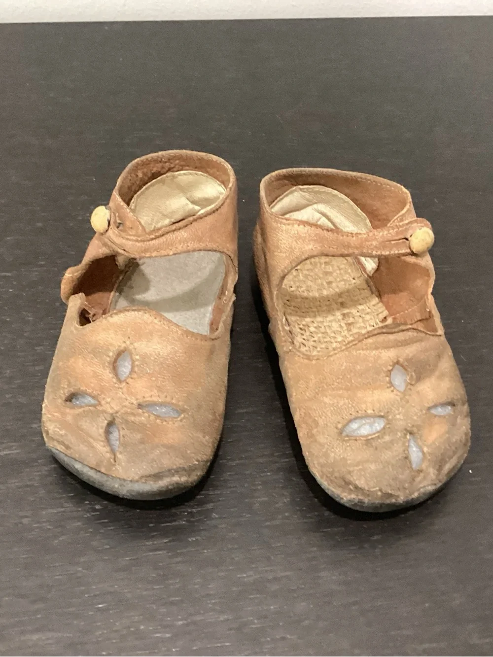 Antique leather baby shoes classic Mary Jane Style.  Distinctive design